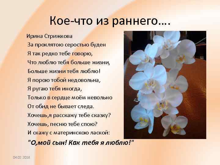 Кое-что из раннего…. Ирина Стрижкова За проклятою серостью буден Я так редко тебе говорю,