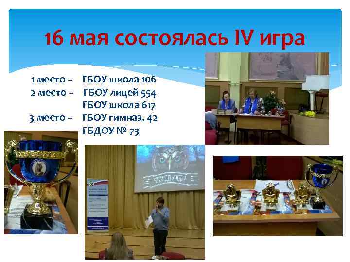 16 мая состоялась IV игра 1 место – ГБОУ школа 106 2 место –