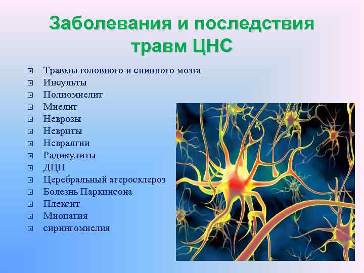 Заболевания и последствия травм ЦНС Травмы головного и спинного мозга Инсульты Полиомиелит Миелит Неврозы