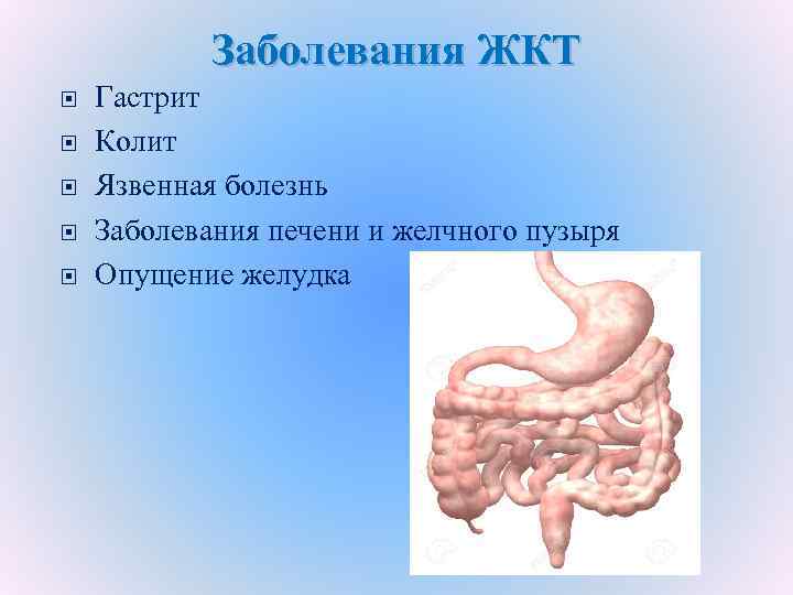 Заболевания ЖКТ Гастрит Колит Язвенная болезнь Заболевания печени и желчного пузыря Опущение желудка 