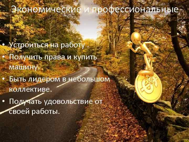 Экономические и профессиональные • Устроиться на работу. • Получить права и купить машину. •