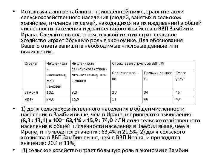  • Используя данные таблицы, приведённой ниже, сравните доли сельскохозяйственного населения (людей, занятых в