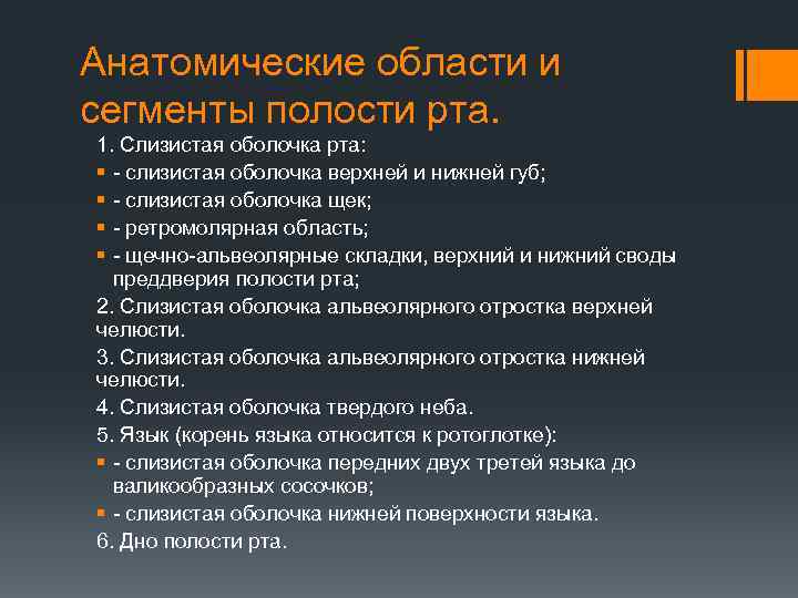 Анатомические области и сегменты полости рта. 1. Слизистая оболочка рта: § - слизистая оболочка