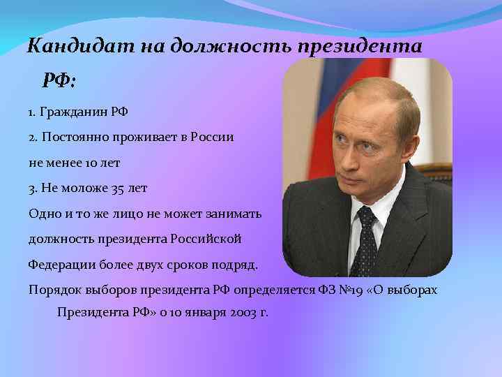 Кандидат на должность президента РФ: 1. Гражданин РФ 2. Постоянно проживает в России не