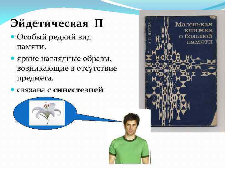 Эйдетическая П Особый редкий вид памяти. яркие наглядные образы, возникающие в отсутствие предмета. связана