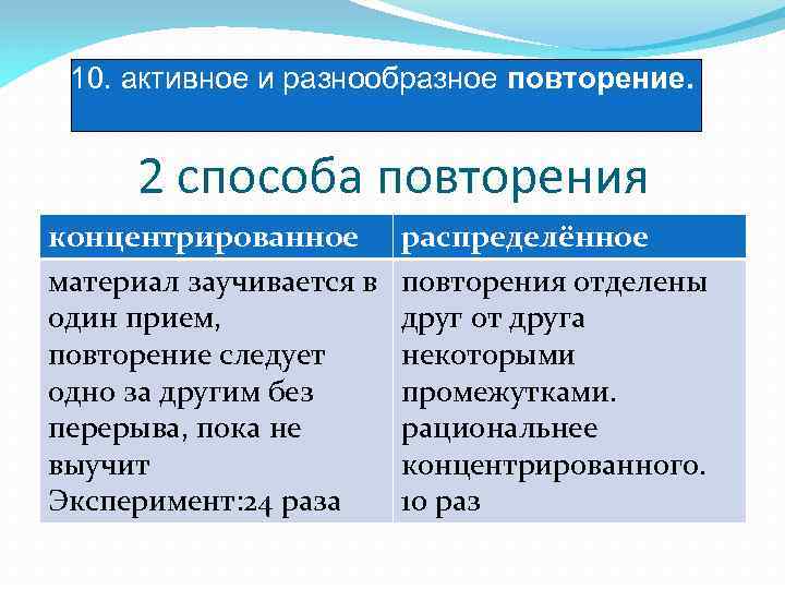 10. активное и разнообразное повторение. 2 способа повторения концентрированное материал заучивается в один прием,