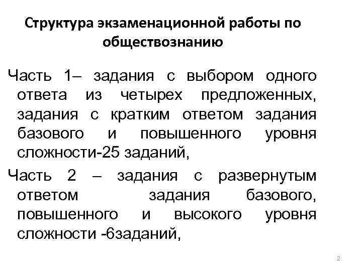 Структура экзаменационной работы по обществознанию Часть 1– задания с выбором одного ответа из четырех