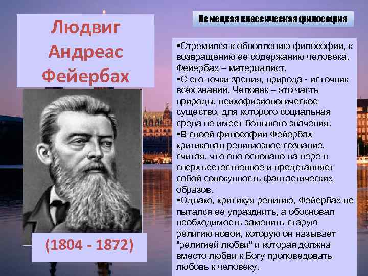 Людвиг Андреас Фейербах (1804 - 1872) Немецкая классическая философия §Стремился к обновлению философии, к