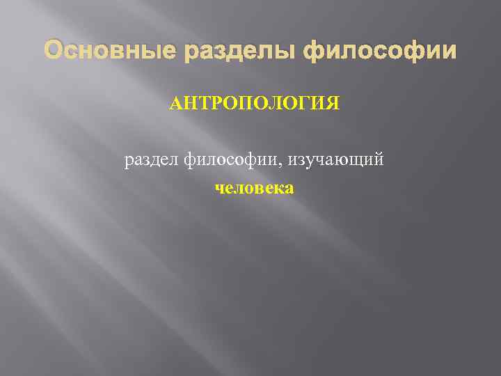 Основные разделы философии АНТРОПОЛОГИЯ раздел философии, изучающий человека 