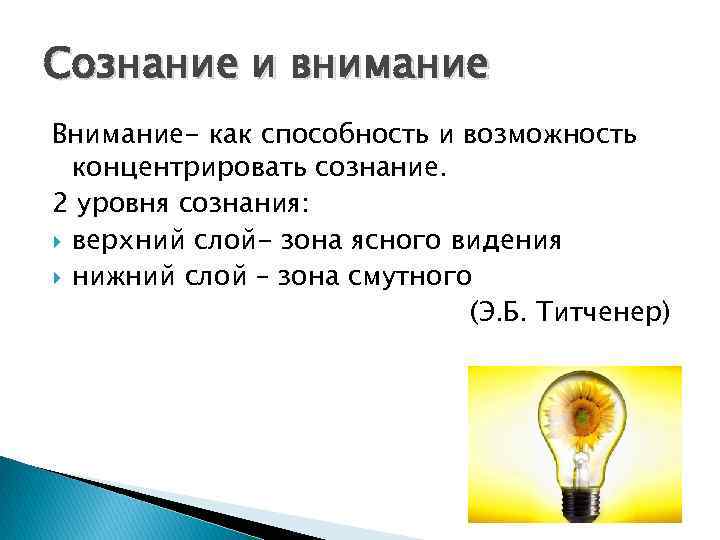 Сознание и внимание Внимание- как способность и возможность концентрировать сознание. 2 уровня сознания: верхний