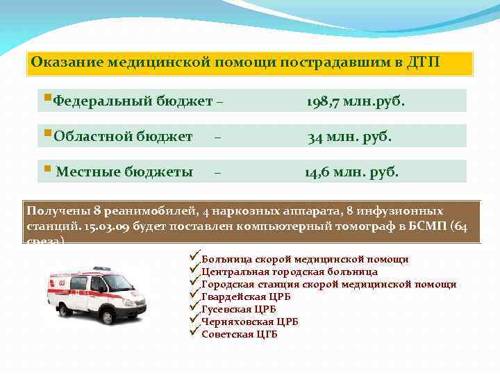 Оказание медицинской помощи пострадавшим в ДТП §Федеральный бюджет – §Областной бюджет – § Местные