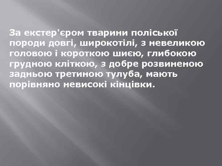 За екстер'єром тварини поліської породи довгі, широкотілі, з невеликою головою і короткою шиєю, глибокою