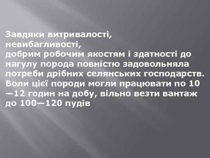 Завдяки витривалості, невибагливості, добрим робочим якостям і здатності до нагулу порода повністю задовольняла потреби