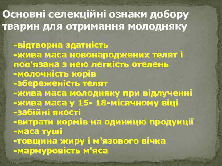 Основні селекційні ознаки добору тварин для отримання молодняку -відтворна здатність -жива маса новонароджених телят