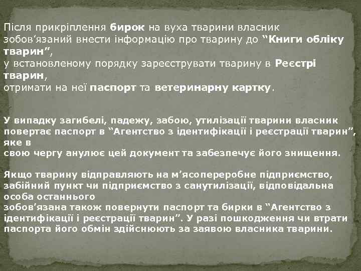 Після прикріплення бирок на вуха тварини власник зобов’язаний внести інформацію про тварину до “Книги