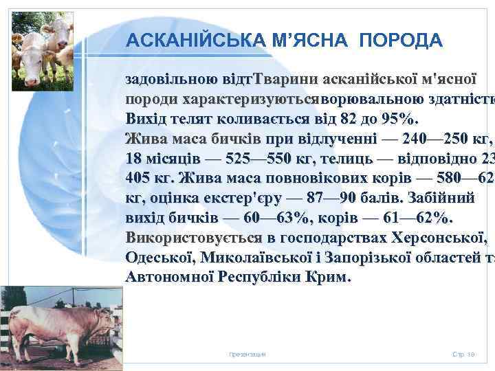 АСКАНІЙСЬКА М’ЯСНА ПОРОДА задовільною відт. Тварини асканійської м'ясної породи характеризуютьсяворювальною здатністю Вихід телят коливається