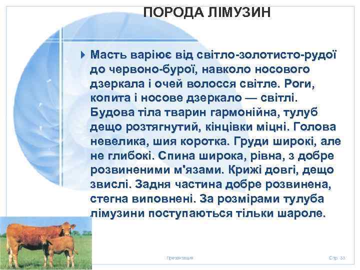 ПОРОДА ЛІМУЗИН 4 Масть варіює від світло-золотисто-рудої до червоно-бурої, навколо носового дзеркала і очей