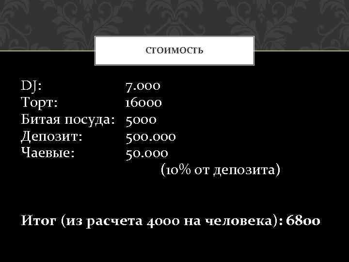 СТОИМОСТЬ DJ: Торт: Битая посуда: Депозит: Чаевые: 7. 000 16000 500. 000 50. 000
