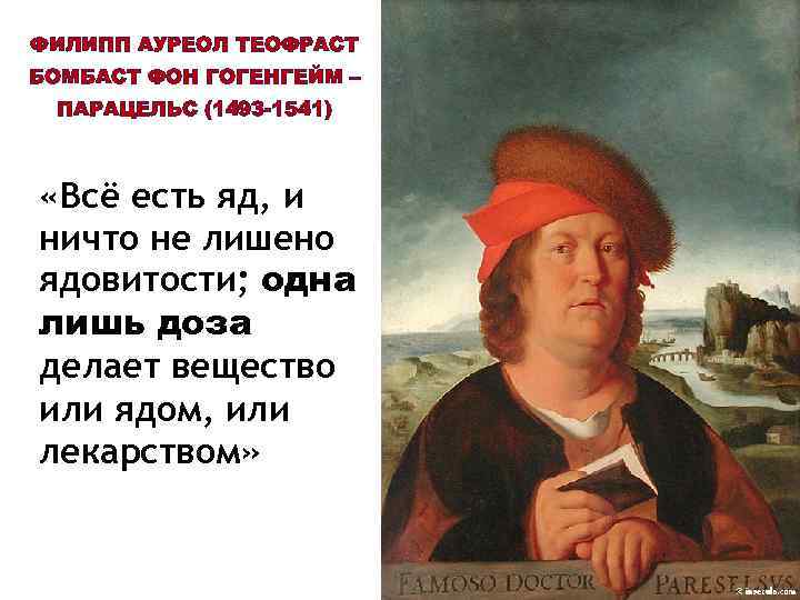 ФИЛИПП АУРЕОЛ ТЕОФРАСТ БОМБАСТ ФОН ГОГЕНГЕЙМ – ПАРАЦЕЛЬС (1493 -1541) «Всё есть яд, и