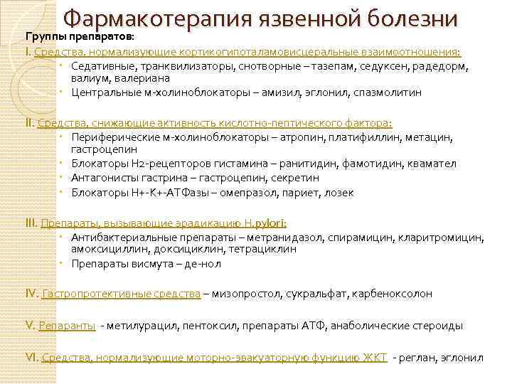 Фармакотерапия язвенной болезни Группы препаратов: I. Средства, нормализующие кортикогипоталамовисцеральные взаимоотношения: Седативные, транквилизаторы, снотворные –