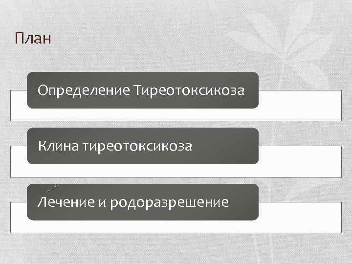 План Определение Тиреотоксикоза Клина тиреотоксикоза Лечение и родоразрешение 