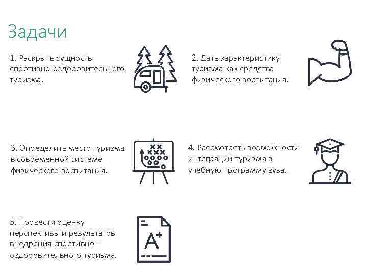 Задачи 1. Раскрыть сущность спортивно-оздоровительного туризма. 3. Определить место туризма в современной системе физического