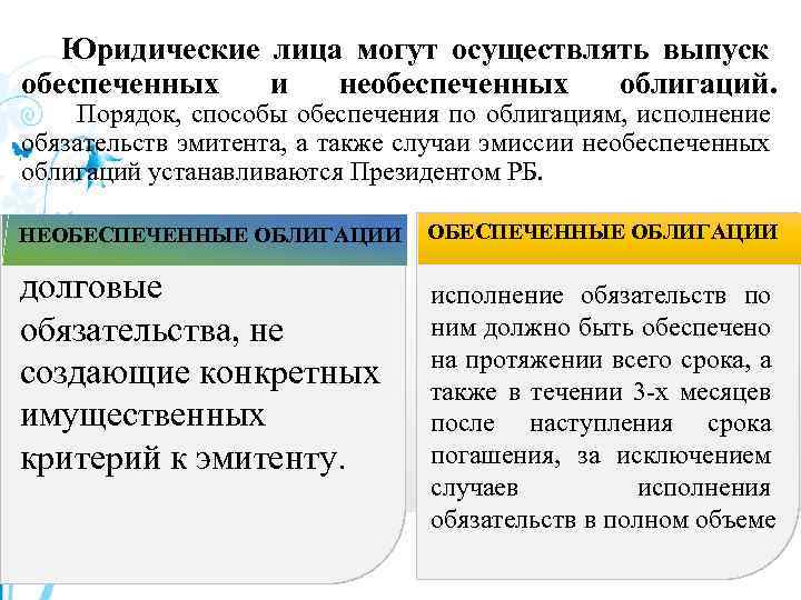 Юридические лица могут осуществлять выпуск обеспеченных и необеспеченных облигаций. Порядок, способы обеспечения по облигациям,