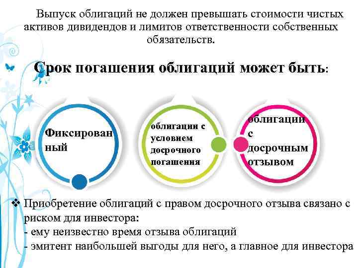 Выпуск облигаций не должен превышать стоимости чистых активов дивидендов и лимитов ответственности собственных обязательств.