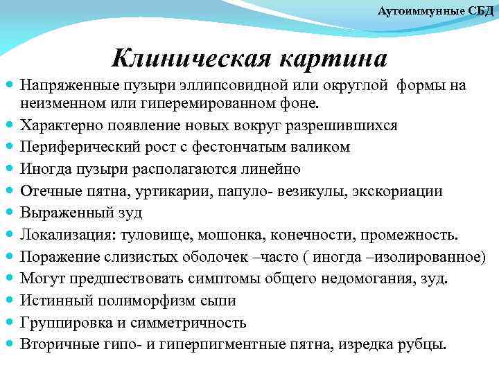 Аутоиммунные СБД Клиническая картина Напряженные пузыри эллипсовидной или округлой формы на неизменном или гиперемированном