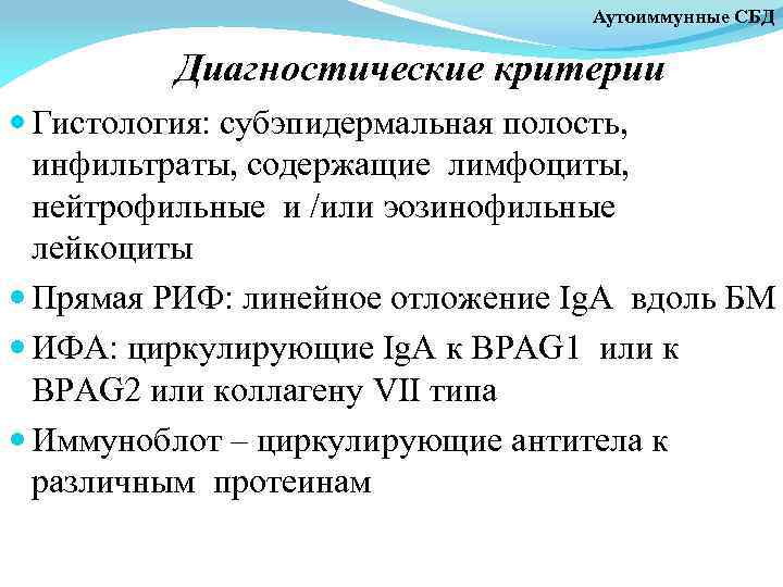 Аутоиммунные СБД Диагностические критерии Гистология: субэпидермальная полость, инфильтраты, содержащие лимфоциты, нейтрофильные и /или эозинофильные