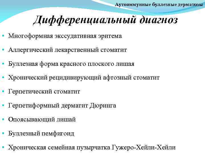 Аутоиммунные буллезные дерматозы Дифференциальный диагноз • Многоформная экссудативная эритема • Аллергический лекарственный стоматит •