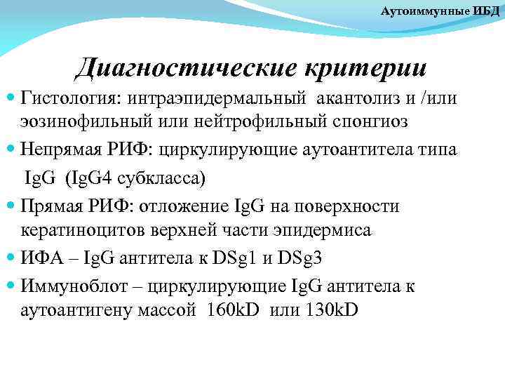 Аутоиммунные ИБД Диагностические критерии Гистология: интраэпидермальный акантолиз и /или эозинофильный или нейтрофильный спонгиоз Непрямая