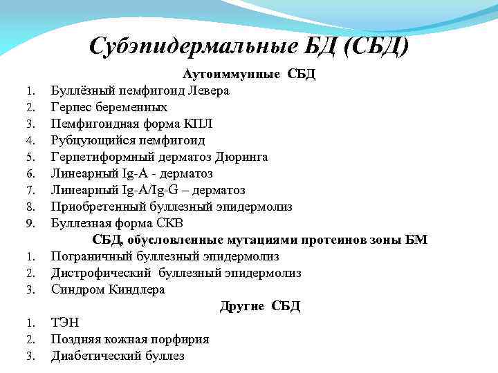 Субэпидермальные БД (СБД) 1. 2. 3. 4. 5. 6. 7. 8. 9. 1. 2.