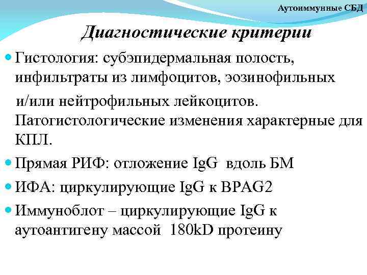 Аутоиммунные СБД Диагностические критерии Гистология: субэпидермальная полость, инфильтраты из лимфоцитов, эозинофильных и/или нейтрофильных лейкоцитов.