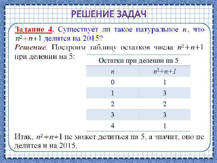 Остатки при делении на 5 n n 2+n+1 0 1 1 3 2 3