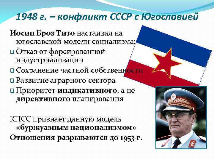 1948 г. – конфликт СССР с Югославией Иосип Броз Тито настаивал на югославской модели