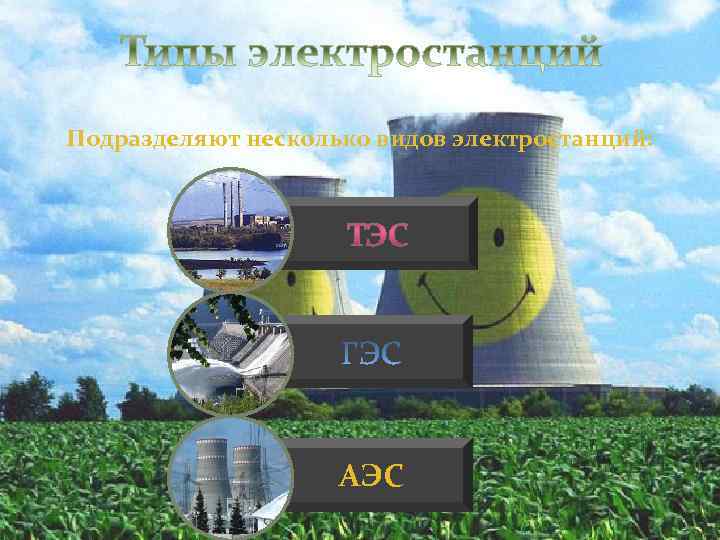 Подразделяют несколько видов электростанций: АЭС 