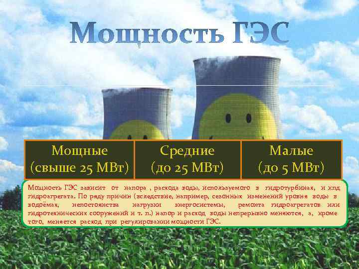 Мощные (свыше 25 МВт) Средние (до 25 МВт) Малые (до 5 МВт) Мощность ГЭС