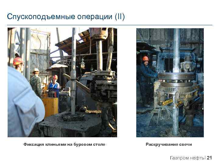 Спускоподъемные операции (II) Фиксация клиньями на буровом столе Раскручивание свечи Газпром нефть 21 