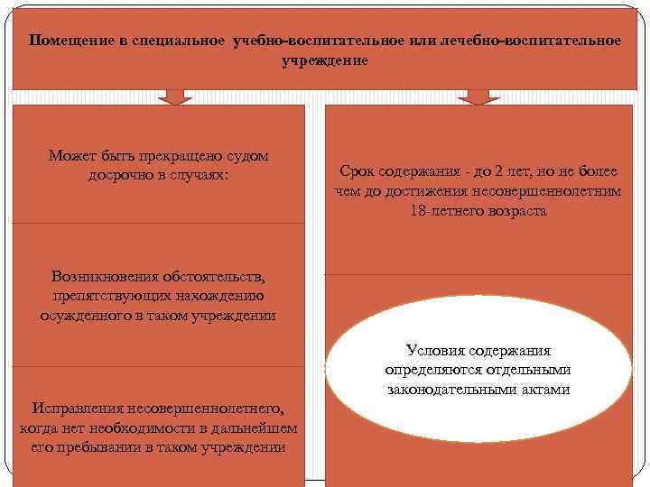 Помещение в специальное учебно-воспитательное или лечебно-воспитательное учреждение Может быть прекращено судом досрочно в случаях: