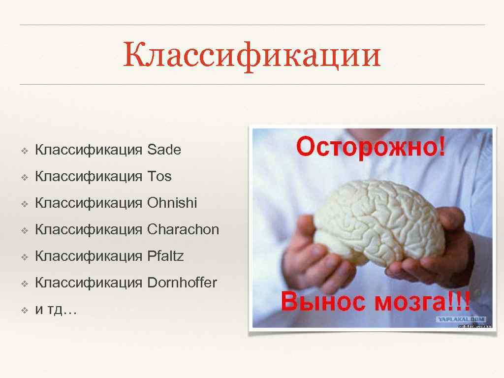 Классификации ❖ Классификация Sade ❖ Классификация Tos ❖ Классификация Ohnishi ❖ Классификация Charachon ❖