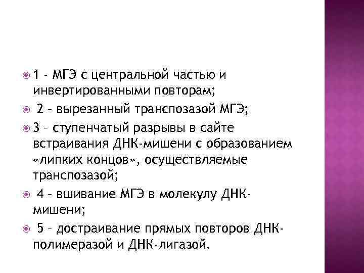  1 - МГЭ с центральной частью и инвертированными повторам; 2 – вырезанный транспозазой