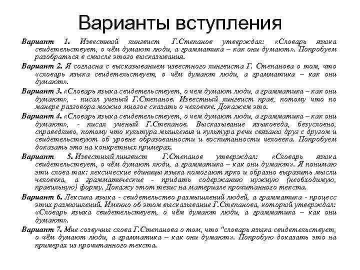 Варианты вступления Вариант 1. Известный лингвист Г. Степанов утверждал: «Словарь языка свидетельствует, о чём