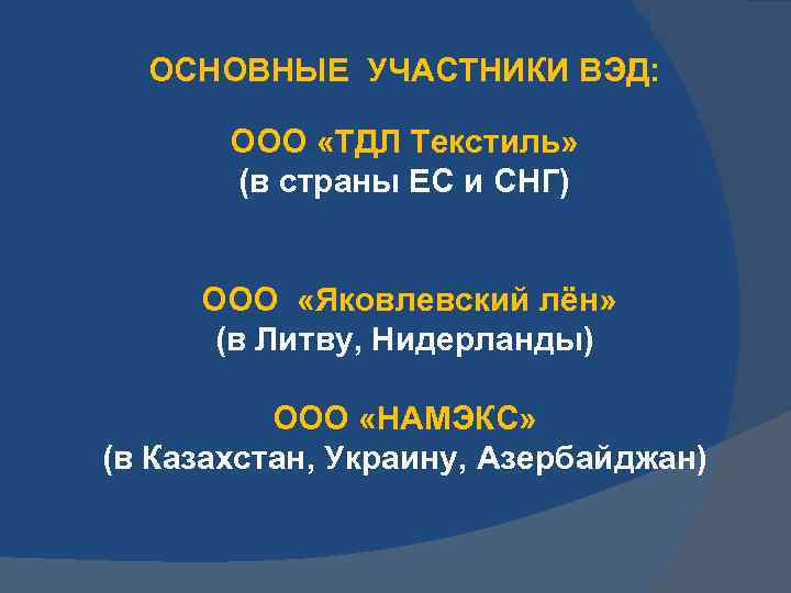 ОСНОВНЫЕ УЧАСТНИКИ ВЭД: ООО «ТДЛ Текстиль» (в страны ЕС и СНГ) ООО «Яковлевский лён»