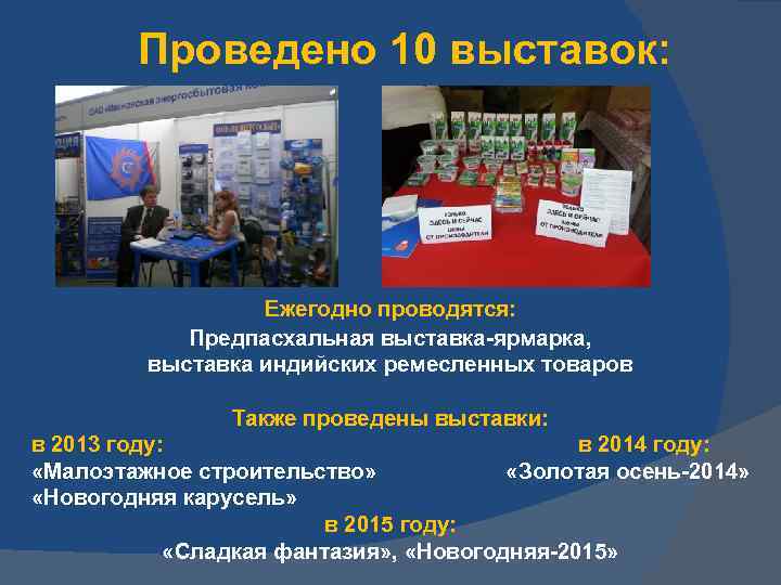 Проведено 10 выставок: Ежегодно проводятся: Предпасхальная выставка-ярмарка, выставка индийских ремесленных товаров Также проведены выставки: