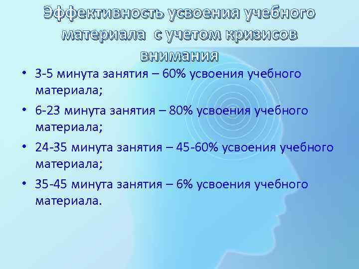 Эффективность усвоения учебного материала с учетом кризисов внимания • 3 -5 минута занятия –