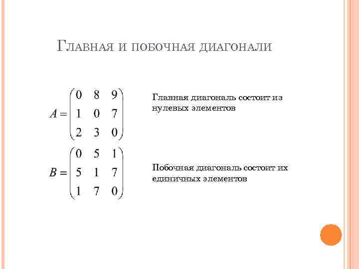 ГЛАВНАЯ И ПОБОЧНАЯ ДИАГОНАЛИ Главная диагональ состоит из нулевых элементов Побочная диагональ состоит их