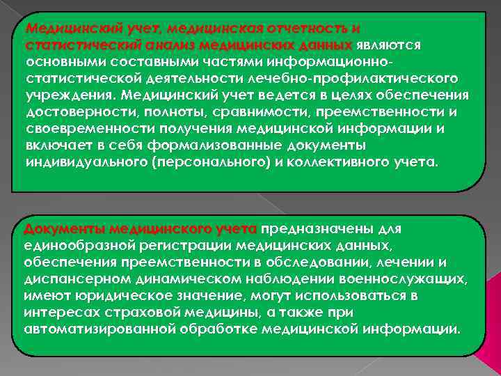 Медицинский учет, медицинская отчетность и статистический анализ медицинских данных являются основными составными частями информационностатистической