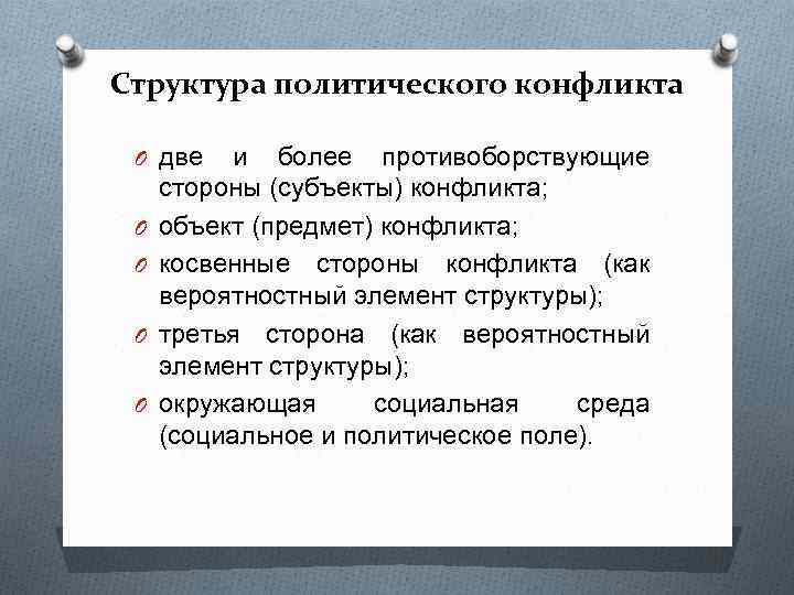 Структура политического конфликта O две и более противоборствующие O O стороны (субъекты) конфликта; объект
