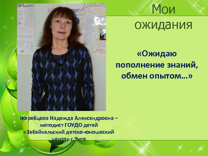 Мои ожидания «Ожидаю пополнение знаний, обмен опытом…» Жеребцова Надежда Александровна – методист ГОУДО детей